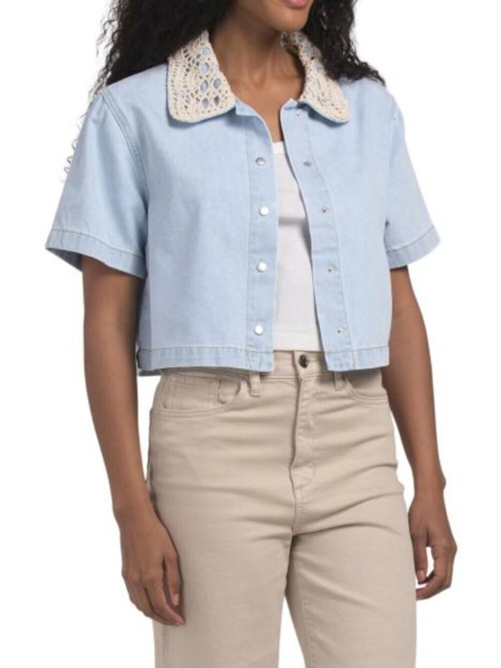 ENDLESS ROSE Crocheted Collar Denim Shirt